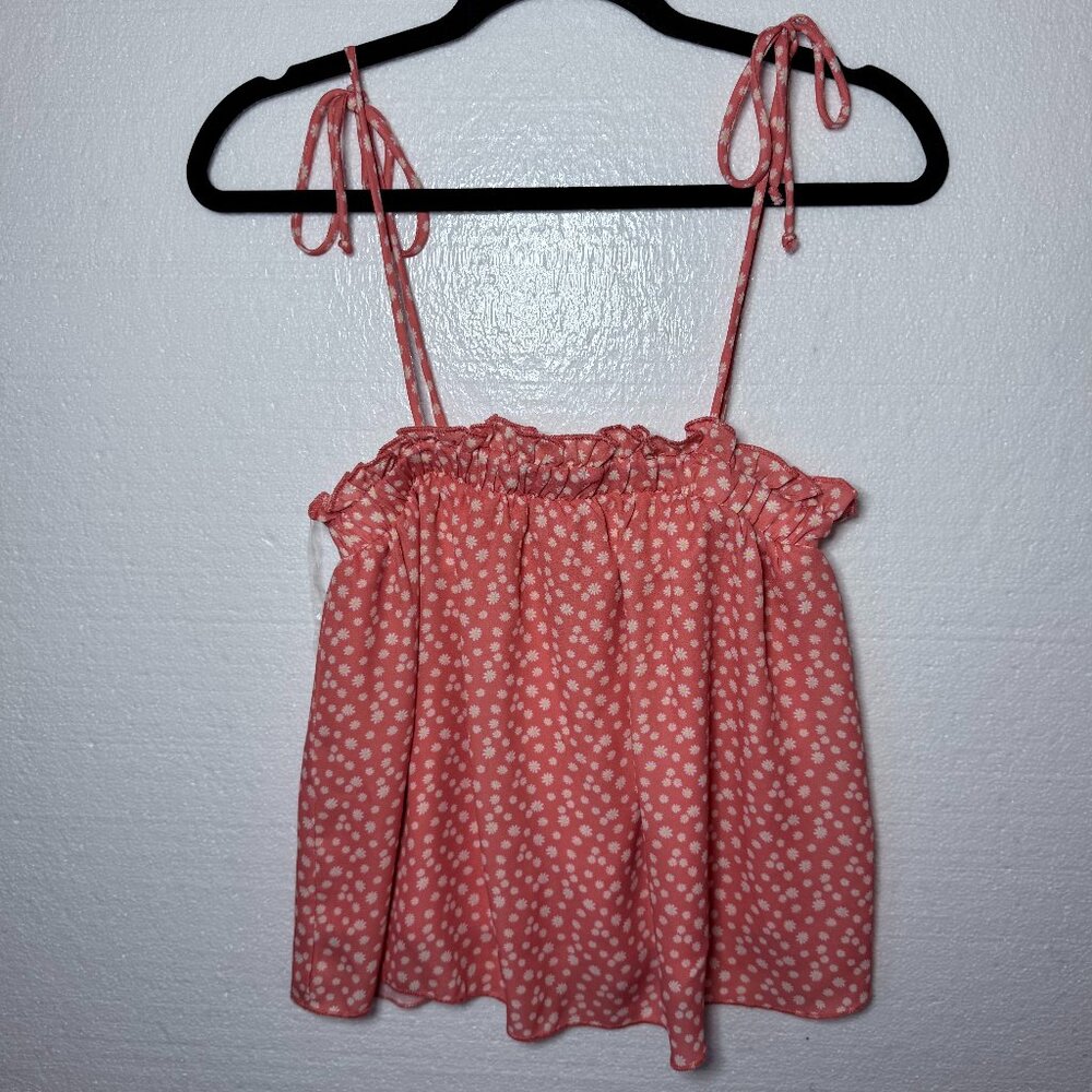 Pink Lily Womens Medium Floral Ruffle Tie Tank Top Spaghetti Strap Lined Flowy